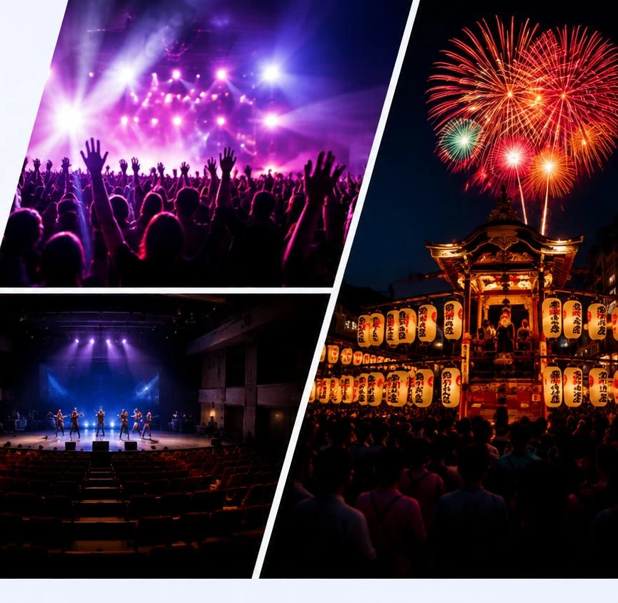 音楽ライブ、舞台公演、花火大会の風景